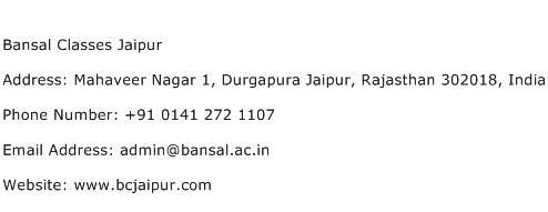 Bansal Classes Jaipur Address Contact Number