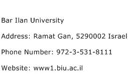 Bar Ilan University Address Contact Number