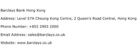 Barclays Bank Hong Kong Address Contact Number