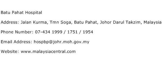 Batu Pahat Hospital Address Contact Number