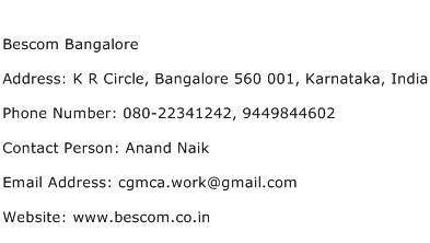 Bescom Bangalore Address Contact Number
