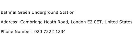 Bethnal Green Underground Station Address Contact Number