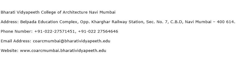 Bharati Vidyapeeth College of Architecture Navi Mumbai Address Contact Number