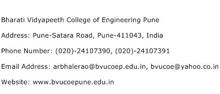 Bharati Vidyapeeth College of Engineering Pune Address Contact Number