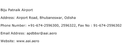 Biju Patnaik Airport Address Contact Number