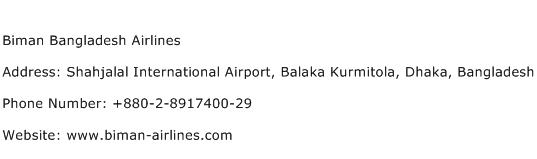 Biman Bangladesh Airlines Address Contact Number