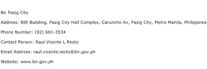 Bir Pasig City Address Contact Number