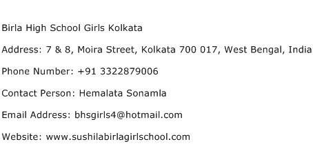 Birla High School Girls Kolkata Address Contact Number