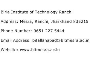 Birla Institute of Technology Ranchi Address Contact Number