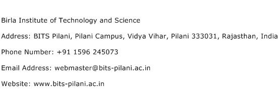 Birla Institute of Technology and Science Address Contact Number
