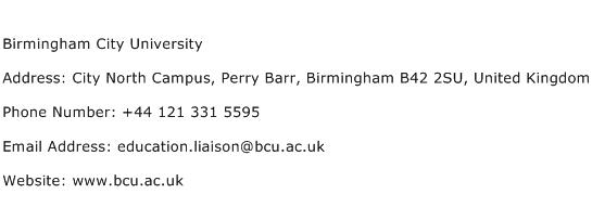 Birmingham City University Address Contact Number