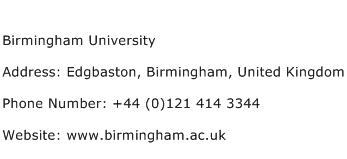 Birmingham University Address Contact Number