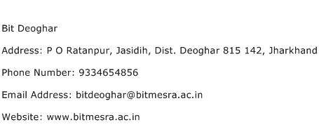 Bit Deoghar Address Contact Number