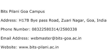 Bits Pilani Goa Campus Address Contact Number