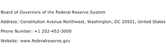 Board of Governors of the Federal Reserve System Address Contact Number