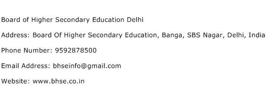 Board of Higher Secondary Education Delhi Address Contact Number