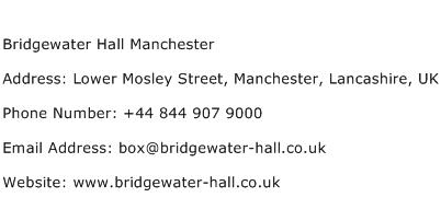 Bridgewater Hall Manchester Address Contact Number