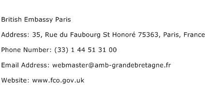 British Embassy Paris Address Contact Number