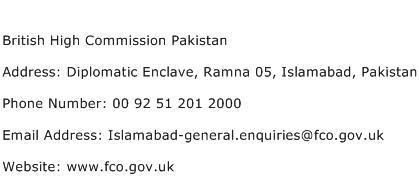 British High Commission Pakistan Address Contact Number