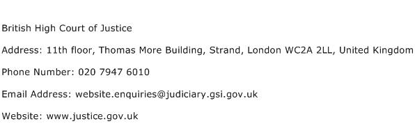 British High Court of Justice Address Contact Number