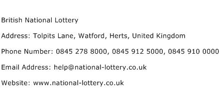 British National Lottery Address Contact Number
