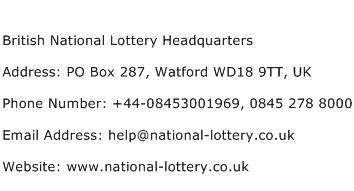 British National Lottery Headquarters Address Contact Number