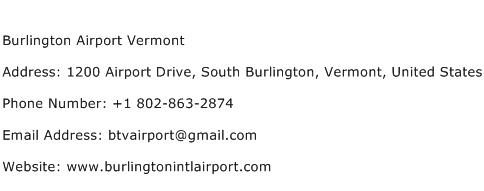 Burlington Airport Vermont Address Contact Number