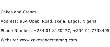 Cakes and Cream Address Contact Number