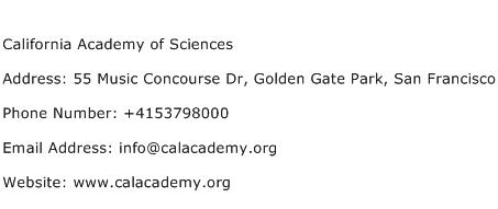 California Academy of Sciences Address Contact Number