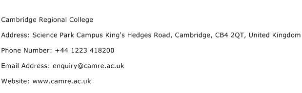 Cambridge Regional College Address Contact Number