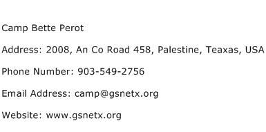 Camp Bette Perot Address Contact Number