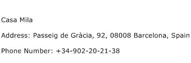 Casa Mila Address Contact Number