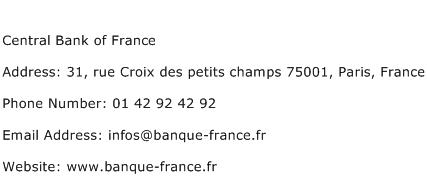 Central Bank of France Address Contact Number