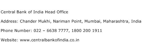 Central Bank of India Head Office Address Contact Number
