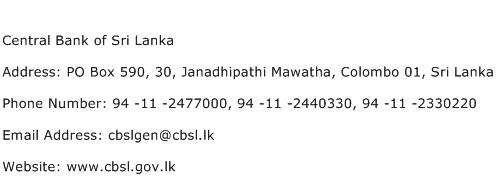 Central Bank of Sri Lanka Address Contact Number