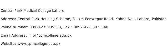 Central Park Medical College Lahore Address Contact Number