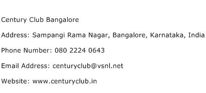 Century Club Bangalore Address Contact Number