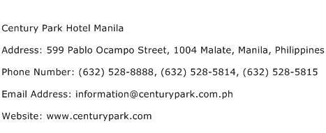 Century Park Hotel Manila Address Contact Number