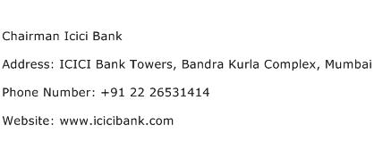 Chairman Icici Bank Address Contact Number