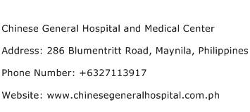 Chinese General Hospital and Medical Center Address Contact Number