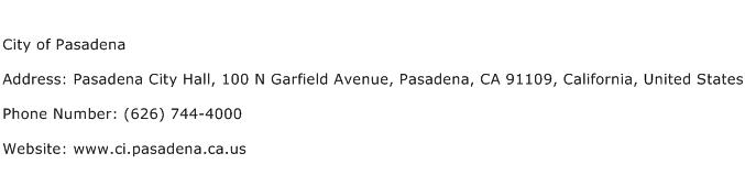 City of Pasadena Address Contact Number