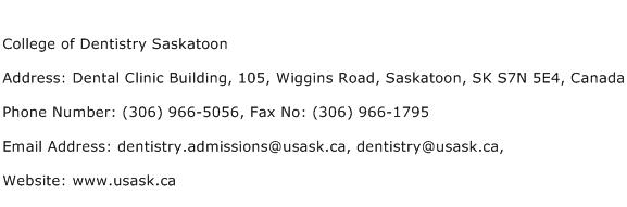 College of Dentistry Saskatoon Address Contact Number