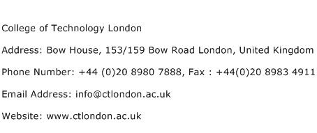 College of Technology London Address Contact Number