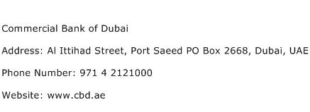 Commercial Bank of Dubai Address Contact Number