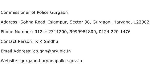 Commissioner of Police Gurgaon Address Contact Number