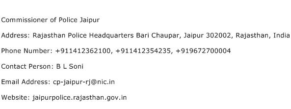 Commissioner of Police Jaipur Address Contact Number