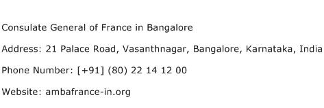 Consulate General of France in Bangalore Address Contact Number