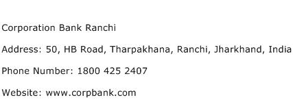 Corporation Bank Ranchi Address Contact Number