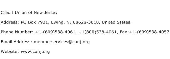 Credit Union of New Jersey Address Contact Number
