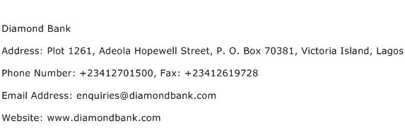 Diamond Bank Address Contact Number